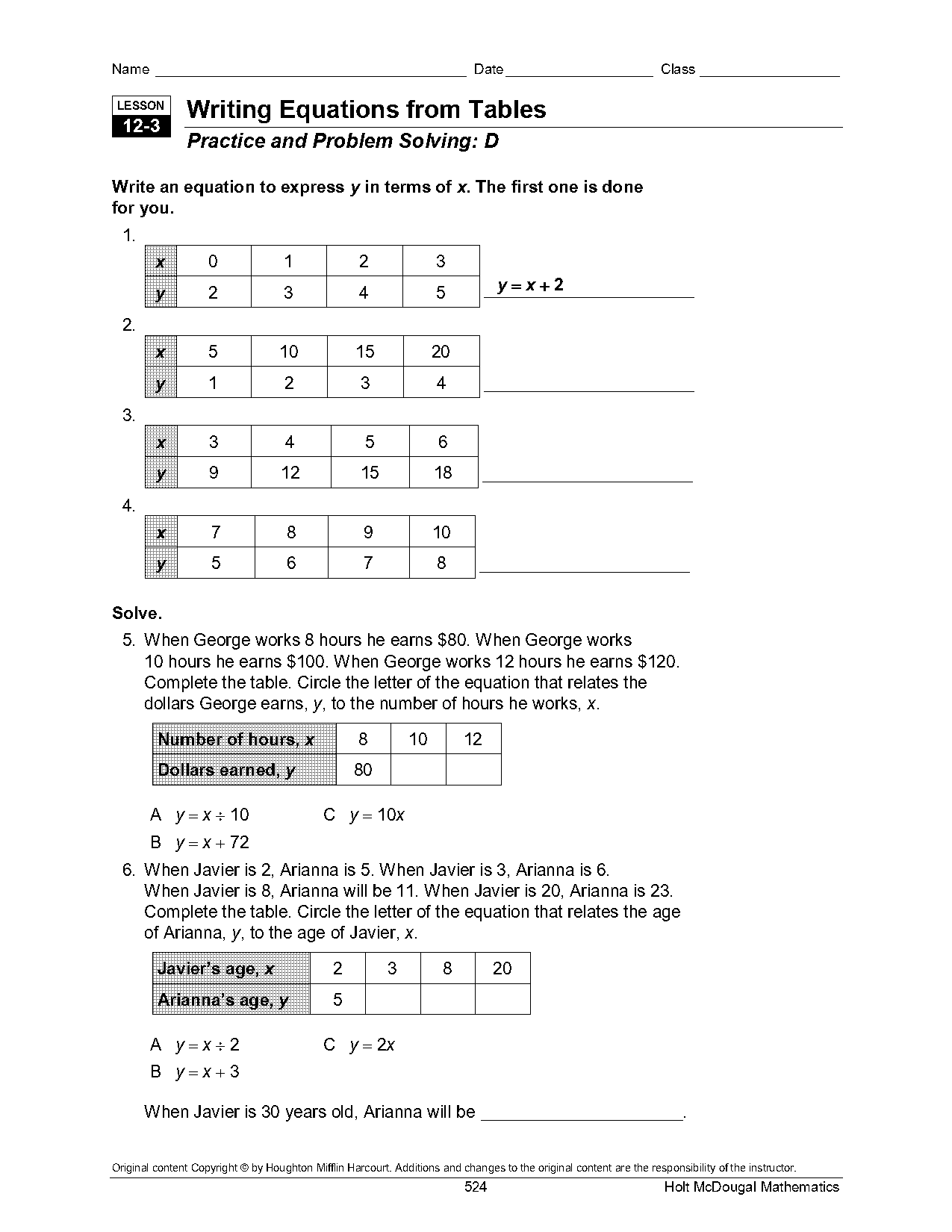 write equations from tables and graphs worksheet