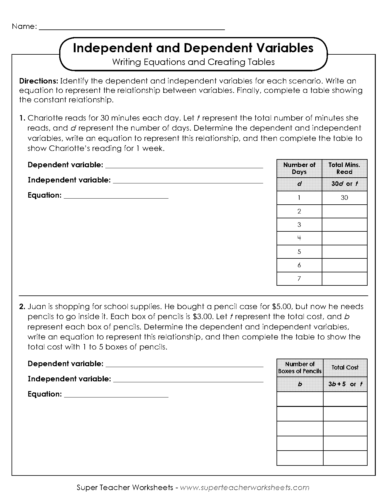 write equations from tables and graphs worksheet