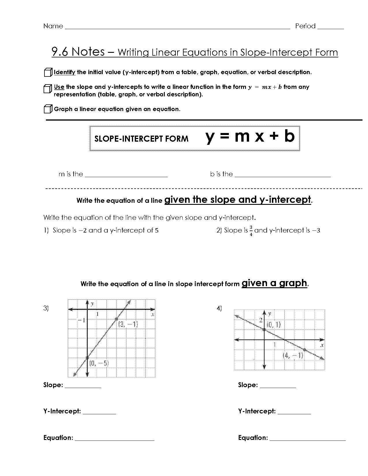 write equations from tables and graphs worksheet